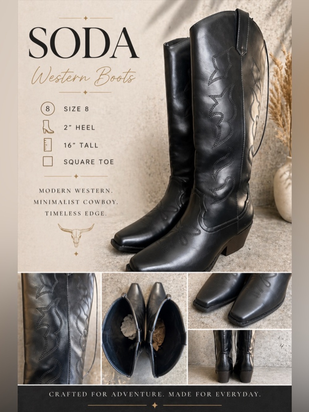 SODA Black Western Cowboy Boots Size 8 Knee High Square Toe Embroidered Rodeo